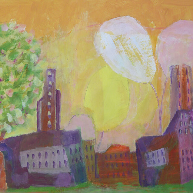 Stadt mit Luftballons, Gouache