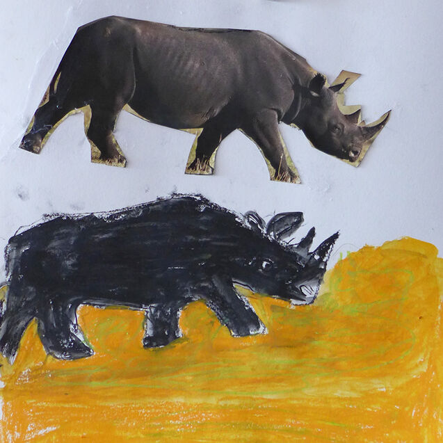 Nashorn, Collage; Gouache